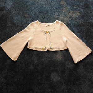 Anthropologie Moth Cropped Sweater with Flower Embroidery & Clasp